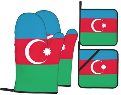 4 Pezzi Set di Presine da Cucina Flag of Azerbaijan Print Guanti per Grigliare Ultra Spessi Guanti da Cucina Divertenti Guanti da Barbecue per Cuocere, BBQ, Cucina