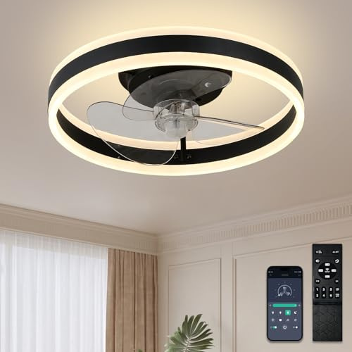 40 cm LED Deckenventilator mit Licht, dimmbar 3 Farbtemperaturen, 2×24W LED, leiser umkehrbarer DC-Motor, 3 einziehbare Flügel, Fernbedienung mit Timer & Speicherfunktion, Acryl/ABS, Schwarz