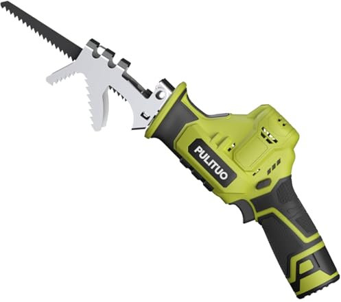 Scie Sabre Sans Fil,PULITUO 12V Scie Egoîne Electrique sans Fil Vitesse Variable 0-2700RPM,vert scie sabre sans fil avec batterie 2*2.0Ah&Chargeur Rapide,4 Lame Idéal pour Coupe de Bois,Branches,Métal