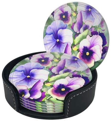 Pansy Perfection Coasters For Drinks Set Of 6, Round Leather Coaster With Holder Drink Coffee Cup Mat Tea Pad Table Pad For Mugs And Cups