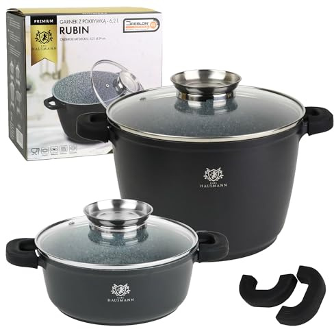 KARL HAUSAMNN Set de Casseroles Induction Noir - 2 Mange - 4.4 + 6.2 L - Batterie de Cuisine Fonte d'Aluminium - Marmite Couvercle en Verre - Casserole Tous Feux - Revêtement Antiadhésif