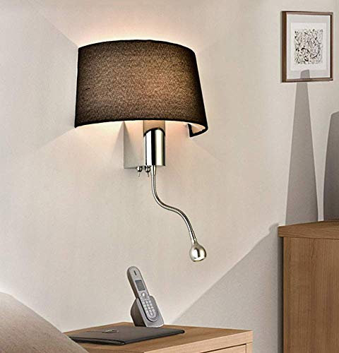 ZERAPH Lampada da Parete Lampada da Parete Paralume in Tessuto Cromato Lucido 3W LED Luce di Lettura Braccio Piegato Regolabile E27 Interruttore componibile L28cmxh45cm