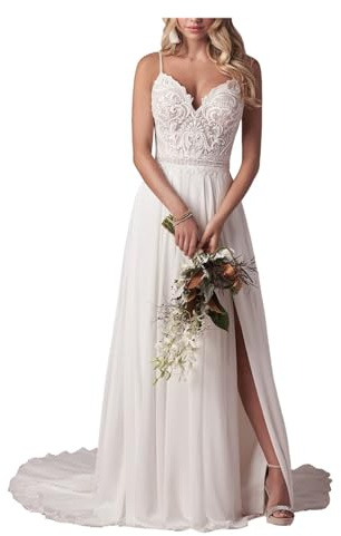 YIANN Vestidos de novia bohemios de gasa con abertura para mujer, con tirantes delgados, apliques de encaje, vestido de novia de playa, blanco, 44