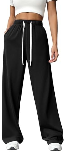 PINSPARK Joggingbyxor, dam, sportbyxor, långa, säckiga träningsbyxor, hög midja, fritidsbyxor, lösa sweatpants med elastisk midja, vida raka ben, yoga, gym, byxor, löparbyxor, svart, S