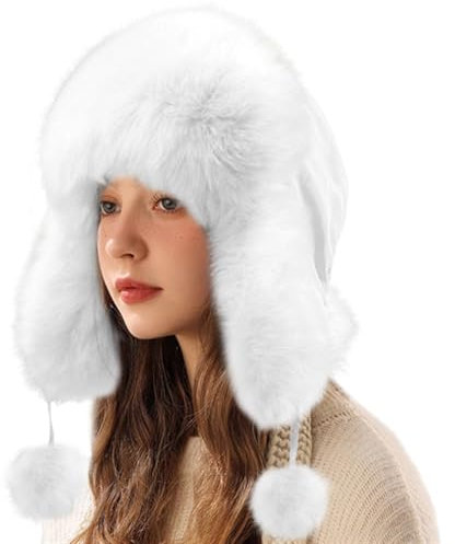 Reyox Damen Kunstfell Russische Mütze, Winddicht Schneedichte Trappermütze, Warme Fliegermütze mit Ohrenklappen für Outdoor-Aktivitäten Weiß
