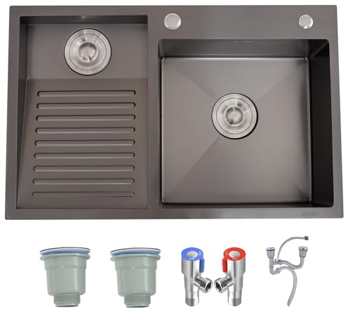 HZKSINNK Évier Utilitaire En Acier Inoxydable SUS 304 - Double Cuve Avec Planche À Laver Intégrée Évier À Linge, Facile À Nettoyer, Pour Buanderie, Salle De Bain, Cuisine Et Garage(Black-L,70x48cm)