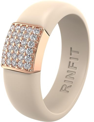 Rinfit Womens Silicone Wedding Ring - Engagement Ring for Women - Promise Rings for Her with Cubic Zirconia - Nude & Rose Gold - Size 6