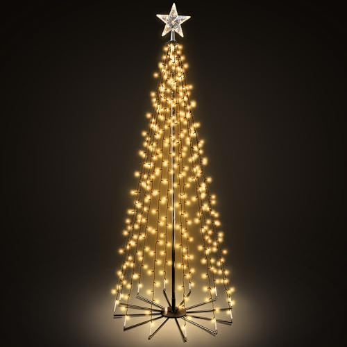 VeryMerry 6Ft Christmas Cone Tree Warm White for Indoor/Outdoor Use, 443 LED Light Pre Lit With Auto-Off Timer, 8 Lighting Modes