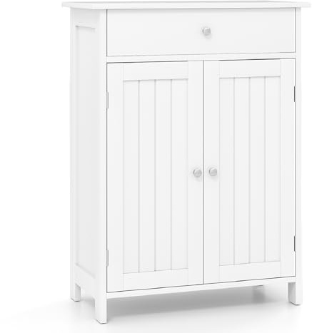 COSTWAY Bathroom Floor Cabinet, Freestanding Storage Cupboard with Drawer, Double Doors and Adjustable Shelf, Wooden Bathroom Unit Side Cabinet for Living Room Hallway, 60 x 30 x 80cm (White)