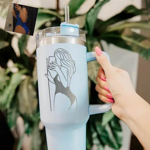 Drawelry Personalisierte Foto Thermobecher mit Henkel Deckel Strohhalm 1.2L Edelstahl Trinkflasche Kaffee Wasser Trink Reise Auto Becher Geburtstag Geschenke für Frauen Männer Paar Liebhaber (B1)