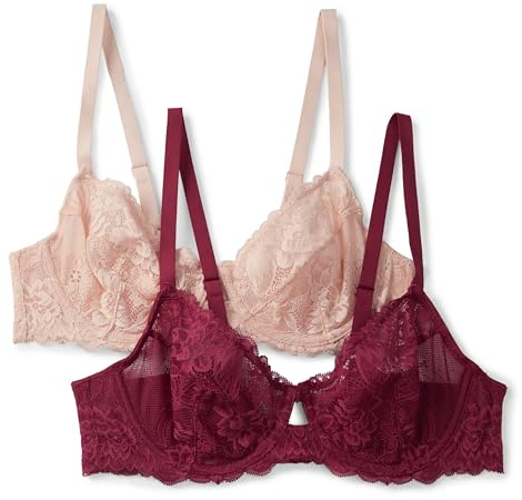 Amazon Essentials Women's Stretch Galloon Lace Wired Balconette Bra, Pack of 2, Burgundy/Soft Petal, 32C