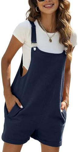 Sukany Women's Summer Casual Cotton Linen Short Overalls Adjustable Straps Bib Shortalls with Pockets