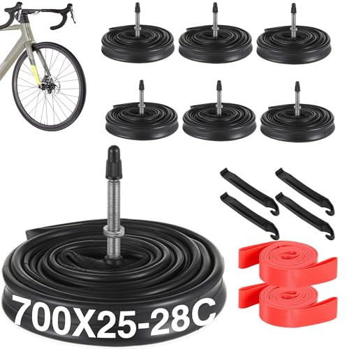 yeesport 6 Pack 700x25-28C Inner Tubes, 700x28c Road Bike Tubes 700x25c Presta 48 mm with Tire Levers Rim Strips, 700c Bike Tube for Road Bicycle Tires, Commuting, Long Rides