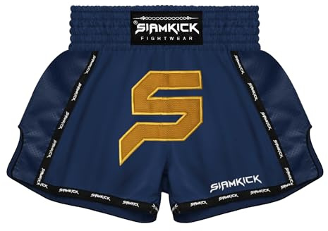 SIAMKICK Youth Elite Muay Thai Shorts for Kids (4 Years - 10 Years) Boxing Kickboxing MMA Training Trunk for Boys and Girls (S, Commander Navy Kids)