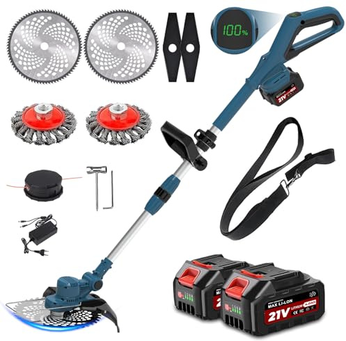 4 In 1 Rasentrimmer Mit akku, 21v Akku Freischneider Mit 2 * 4.0ah, 750W Bürstenloser Motor, Rasentrimmer mit Unkrautbürste, Freischneider akku für Garden Trimmen