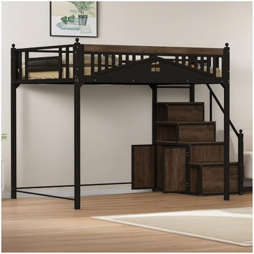 Wyibwy Cama alta para niños, tamaño 140 x 200 cm, estructura de cama de matrimonio de metal, con barras de seguridad y escalera, escalera y armario intercambiables, sin colchón (negro)