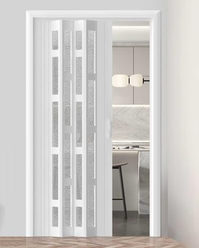 Puerta plegable de PVC, acordeón, puerta interior para armario, cocina, pasillo, divisor de habitación, juego de ducha, 63,5 x 203 cm, color blanco, solución que ahorra espacio para decoración del