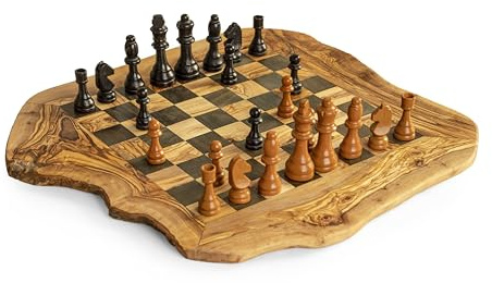 Handgefertigtes Schachspiel aus Olivenholz, Live-Edge-Brett 47 cm, Schwarze Quadrate 40 mm, handgefertigte Wohnkultur, personalisierte Gravur inklusive