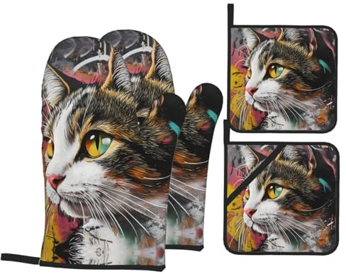 Lot de 4 gants de cuisine en forme de chat graffiti - Résistant à la chaleur - 260 °C - Pour barbecue, banquet, fête