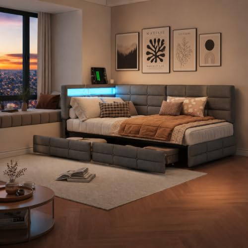 DAHUEN Canapé d'angle 90×200 avec Rangement 2 Tiroirs, Canapé en Tissu avec éclairage LED et Port USB, Lit Banquette avec Sommier à Lattes, Se transforme en lit 1 Personne, Lin (Gris, 90×200cm)