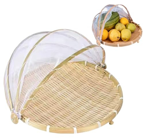Panier à fruits en bambou 36x25 cm anti-poussière avec couvercle en maille respirante et visible tente ronde portable pour protéger les fruits contre les mouches des