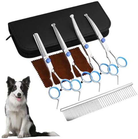 Ciseaux Toilettage Chien-Acier Inoxydable avec Pointe Ronde de Sécurité pour Couper les Poils,Compris Ciseaux à Effiler, Ciseaux Courbes, Ciseaux Droits, Peigne,Kit Toilettage Chien pour Chat Animaux