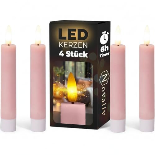 Novaliv Stabkerzen LED mit Timer PINK 4 Stück Indoor 6 Stunden - ECHTWACHS 15cm Höhe für Kerzen 2,2cm Durchmesser 2 AAA Batterien notwendig LED Stabkerzen flackernde Flamme bewegliche Flamme Licht