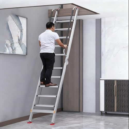 Scala per Soppalco Scala di Sicurezza per Soffitta in Alluminio, 8 9 10 11 12 13 Gradini, Scala Pieghevole per Soffitta con Corrimano(Silver,10 Step-293cm (9.6ft))