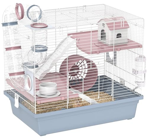 PawHut Hamster Cage, 3-Tier Gerbil Cage with Exercise Wheel, Food Bowl, Water Bottle, House, Tunnels, Ramps, Small Animal Habitat for Dwarf Hamster, Blue