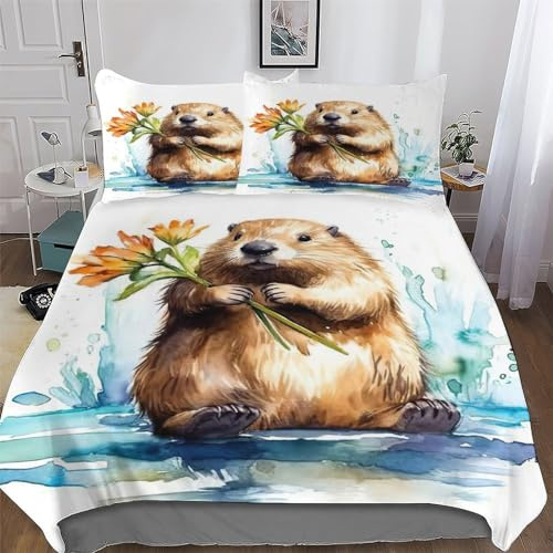 AASWDDS Castor Housse De Couettes pour Enfants Adultes Parure De Lit 3 Pièces, Microfibre De Literie avec Taies D'oreillers Double (200x200cm)