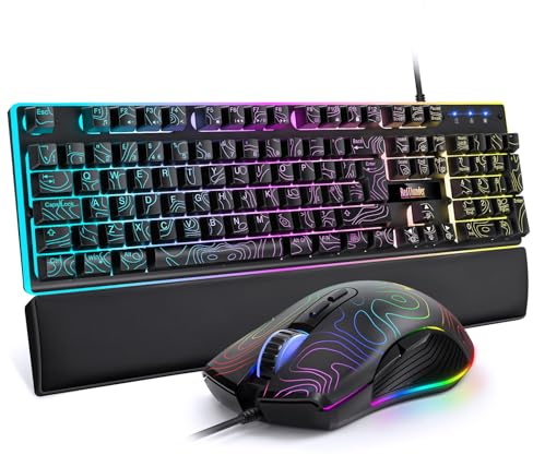 RedThunder K10 Wired Gaming Keyboard and Mouse Combo,UK Layout,True RGB Backlight,Soft Leather Wrist Rest,Ergonomic Anti-Ghosting Keyboard + 7D 7200 DPI Mouse for PC Mac PS5 Xbox(Contour Lines Black)
