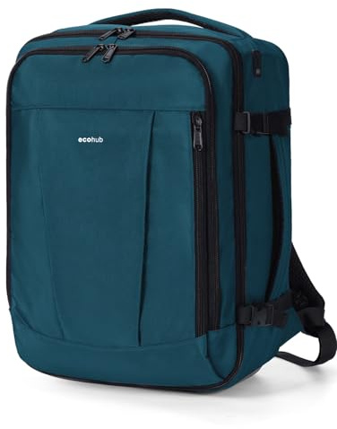 ECOHUB Handgepäck Rucksack Unter-Sitz, Ryanair Easyjet Personal Item Rucksack mit 13 Taschen, Leichter Reiserucksack aus Recyceltem PET für Flugreisen, Damen Herren, 40x30x20 cm 24L(Blau Grün)