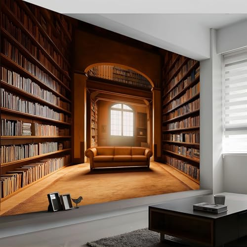 Papel Pintado Murales 250 x 175 cm Libros Antiguos De Ventana De Biblioteca Fotomurales Tejido No Tejido, Murales Fotográfico Moderno Decoración de Paredes para sala, Marrón Café