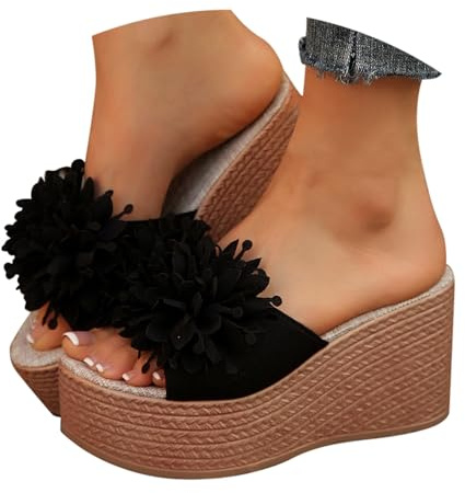 Kilklack sandaler dam, kilsandaletter dam, platå, sommarsandaler med blommor, slip-on, utomhussandaler, Chunky fritidssandaler, espadriller sandaler, lätta strandsandaler, svart, 43 EU