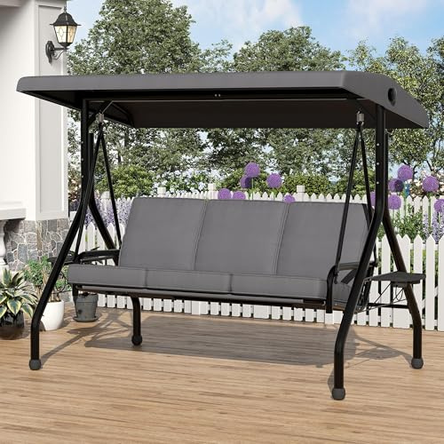 Hollywoodschaukel 3-Sitzer Mit Verstellbarem Sonnendach & Standgestell, Gartenschaukel Mit Abnehmbarem Kissen, Getränkehaltern & Klapptisch, Wasserabweisend Für Terrasse Garten Balkon, Bis 350kg, Brau