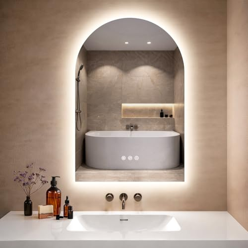 GIMBELEN Espejo de baño con iluminación LED, 50 x 75 cm, espejo de baño arqueado con interruptor táctil, 3 colores de luz, antivaho, regulable, diseño de arco con luz