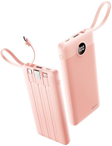 Coowisty Power Bank, Slim 10000mAh Portable Charger with 4 Built in Cables | USB C Battery Pack, 5 Outputs & 2 Inputs, LED Display, Mobile Phone Powerbank Compatible with iPhone/Samsung-Pink (1 Pack)
