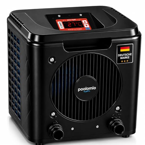 poolomio® Mini pompe à chaleur de piscine 3,35 kW – Chauffage de piscine compact et efficace COP 5,5 à 20 000 l – Plug & Play avec prise RCD – Échangeur de chaleur en titane – Raccord de pompe de