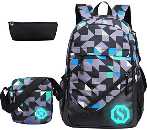 JiaYou Teenage Boy Girl Unisex Multifunctional School Bag Backpack with Florescent Mark(ColorH 3 Sets,20L)