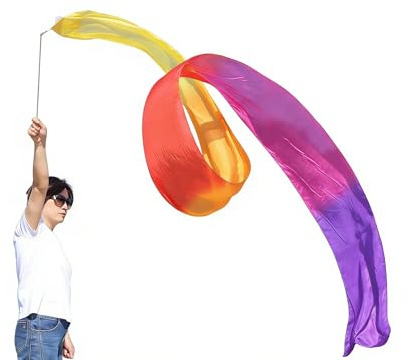 Winged Sirenny Nastro da Ballo Leggero di 4m con Girella, Vera Seta Fluida, con Bellissimi Colori Dipinti a Mano (Yellow-Orange-Red-Pink-Purple)