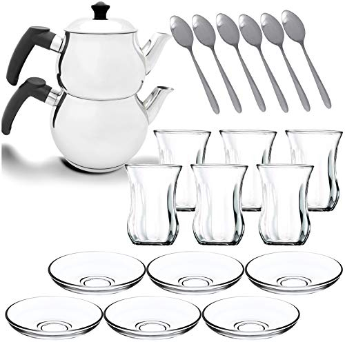 Türkischer Teekocher Teekanne Caydanlik Demlik Induktionsgeeignet Wasserkocher (schwarz M2 + Set)
