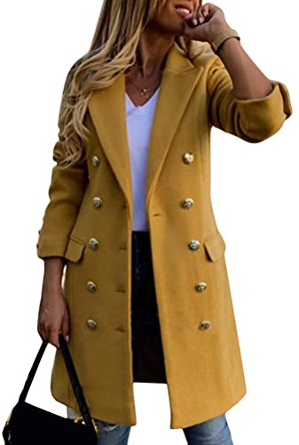 Onsoyours Veste en Laine Femme Revers Trench Coupe-Vent Manteau Long Parka Blouson Élégant À Manches Longues Couleur Unie Cardigan Coupe Ajustée Blazer Outwear Coat B Jaune L