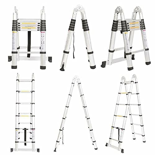 Scala Telescopica Pieghevole 2,5m+2,5m Con Barra Stabilizzatrice - Portatile e Leggero in Alluminio, Multiuso Allungabile, Carico Massimo 150 kg, Norma EN131