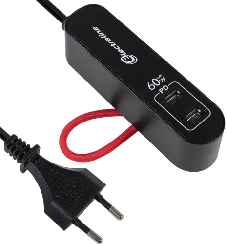 Electraline 62655 Tragbares Ladegerät 60W Power Delivery PD GaN mit 2 USB Typ C PPS-Protokoll zum Laden aller Geräte (einschließlich Computer), 1.5M Verlängerungskabel, europäischer Stecker