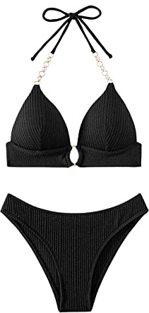 GORGLITTER Push Up Bikini för kvinnor set bikini med strass kedja nackhållare bikini tvådelad baddräkt med snörning badkläder, svart, M
