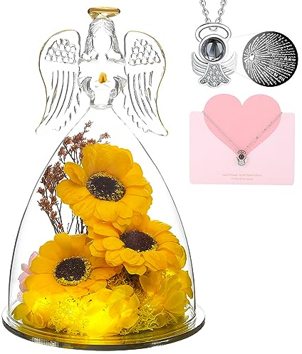 Sonnenblume Geschenke für Frauen Geburtstag Engel Rose Figuren Engel Geschenke mit I Love You Halskette Geschenke Set Engel Figuren mit drei konservierten echten leuchtenden Rosen