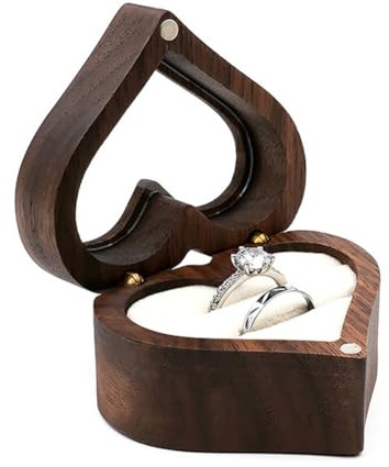 JAWSEU Herz Ringkiste Ringbox aus Walnussholz, Vintage Ringhalter Ring Schatulle Verlobungsring Box Walnuss, Herzförmig Ringschatulle für Antrag, Schmuckboxen für Antrag, Hochzeit, Verlobung