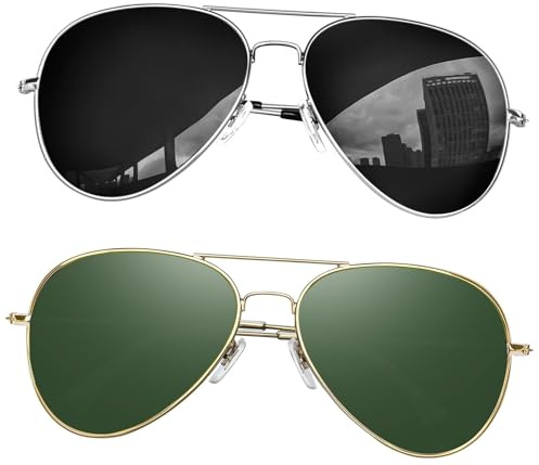 KANASTAL 2er Set Groß Polarisiert Sonnenbrille Herren Damen Verspiegelt mit Premium Metallrahmen UV400 Schutz, Gold Rahmen Blau Gläser und Gold Rahmen G15 Gläser