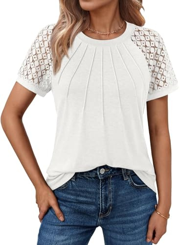 Cuptacc Haut Femme Habillé T Shirt Ete Blouse Femme Chic Et Élégant Manches en Dentelle Sexy Mode Blanc, Moyen M 38-40