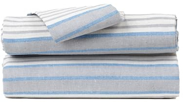 TRAMAS+ Mantel Mesa Rectangular Algodón Efecto Lino para Casa Comedor Cocina Terraza Patio 3 Medidas - Rayas Indigo (140x200 cm)